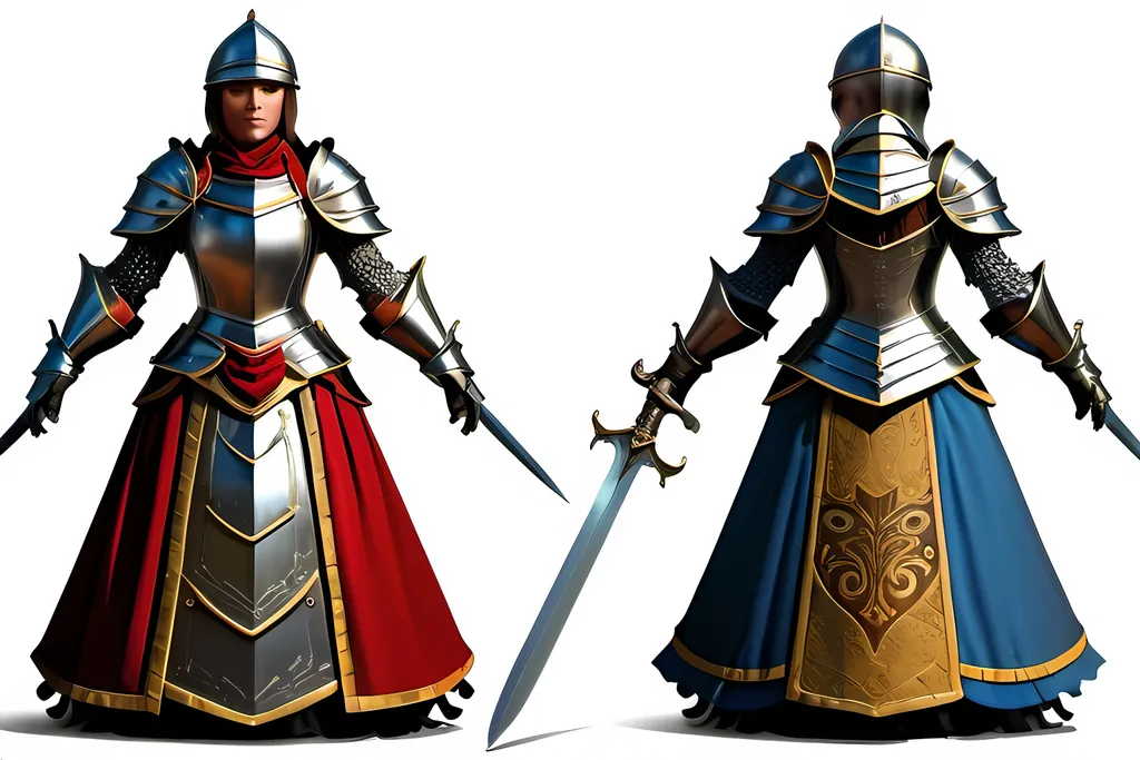 Prompt: Armored maid knight, detailed armor plating, elegant yet protective design, medieval fantasy, high-res, intricate details, metallic sheen, heroic stance, ornate engravings, regal color palette, dynamic lighting, medieval, fantasy, detailed armor, elegant design, protective, regal, heroic, high-res, metallic sheen, ornate engravings, dynamic lighting