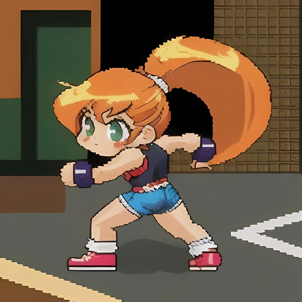 Prompt:  streets of rage, flat chest, short shorts, ponytail, scrunchy, orange hair, 16-bit style, retro gaming aesthetic, pixelated environment