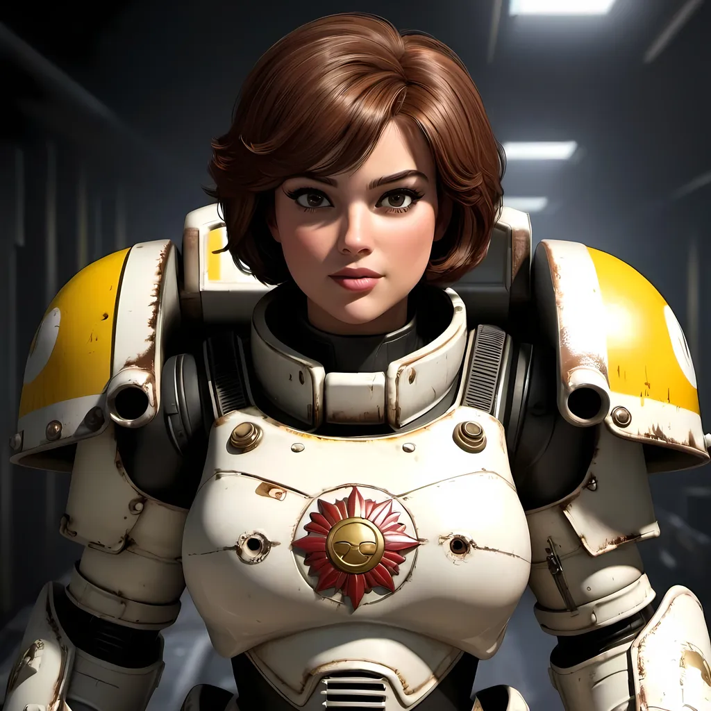 Prompt: princess daisy in warhamer40k power armor, short hair, brown hair