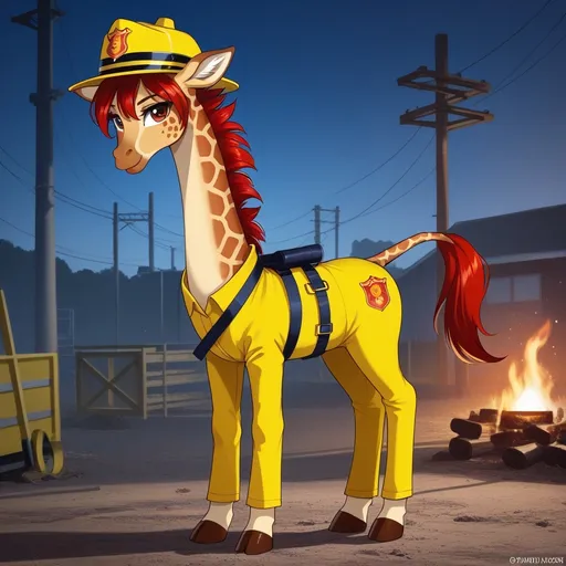 Prompt: feral female giraffe, red mane, firefighter outfit