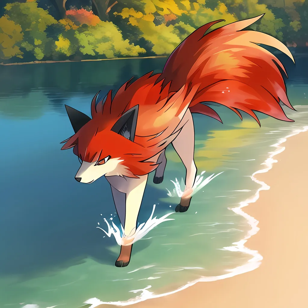 Prompt: Portrait of a beautiful Ninetales, with deep crimson eyes, feral, in a sunny lake shore, head turned toward viewer, highly detailed eyes, 4k, UHD, masterpiece