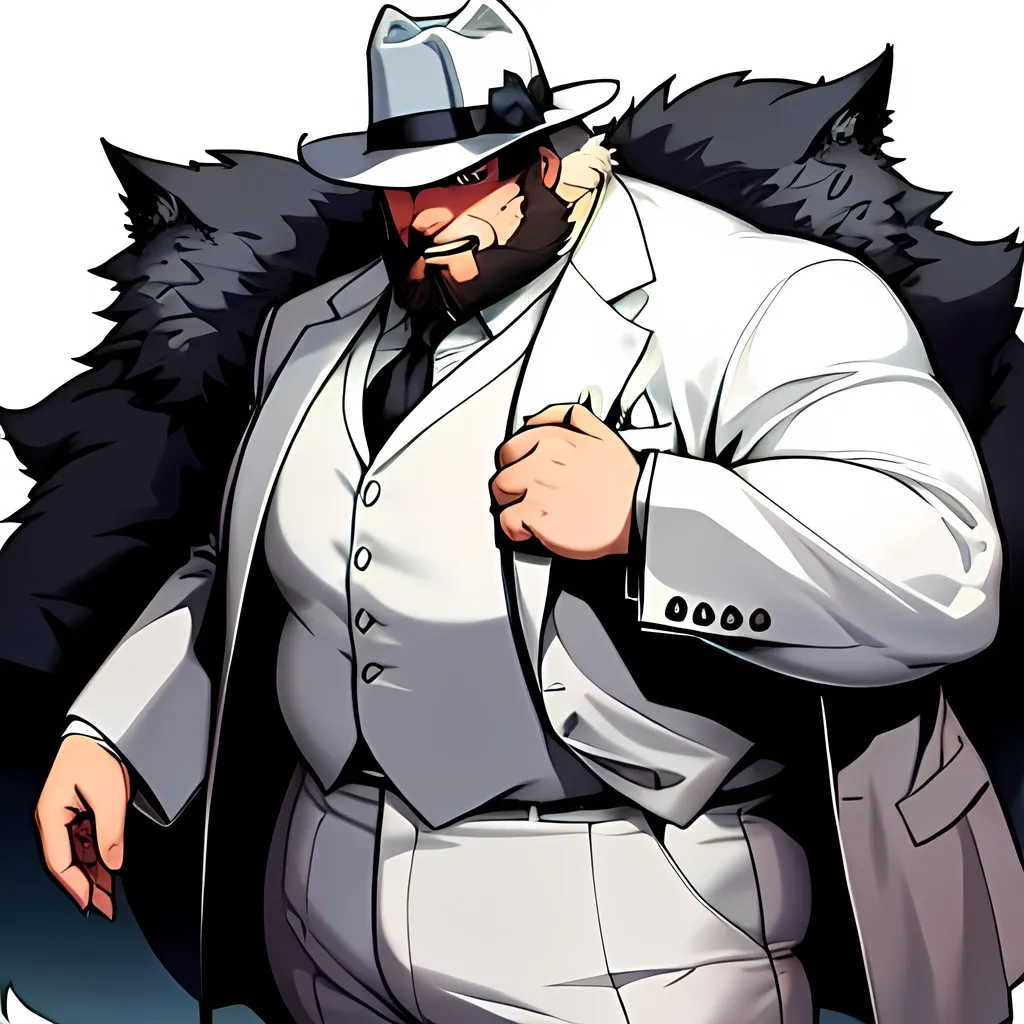 Prompt: neckbeard, fat man, fedora, white suit, werewolf