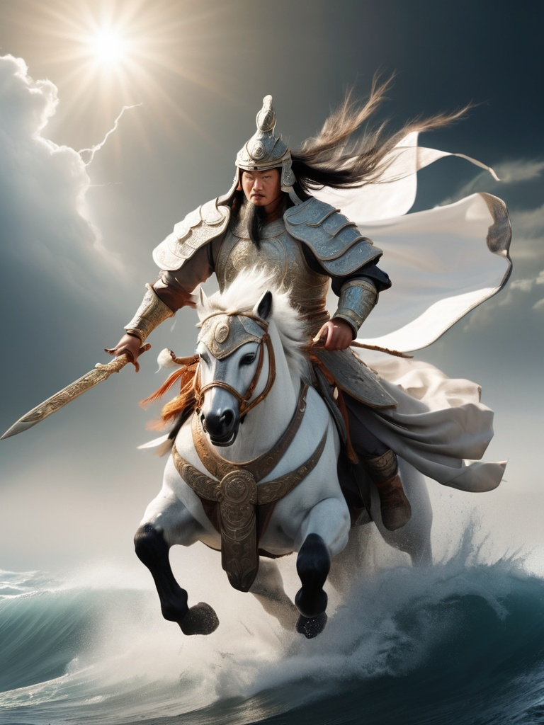 Prompt: Mongolian great ancient warrior, in white ancient warrior armored cloth, flying among thunder, under the sun, over the sea, 