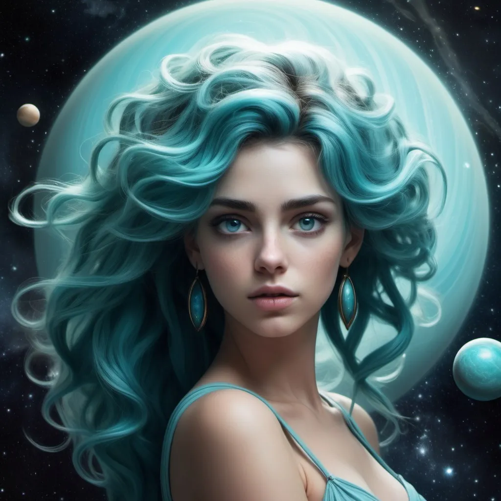 Prompt: If Uranus Planet was a woman, a Goddess her hair is the same color as Uranus Planet and she is beautiful and her eyes are beautiful and the background is space. mystical, beautiful