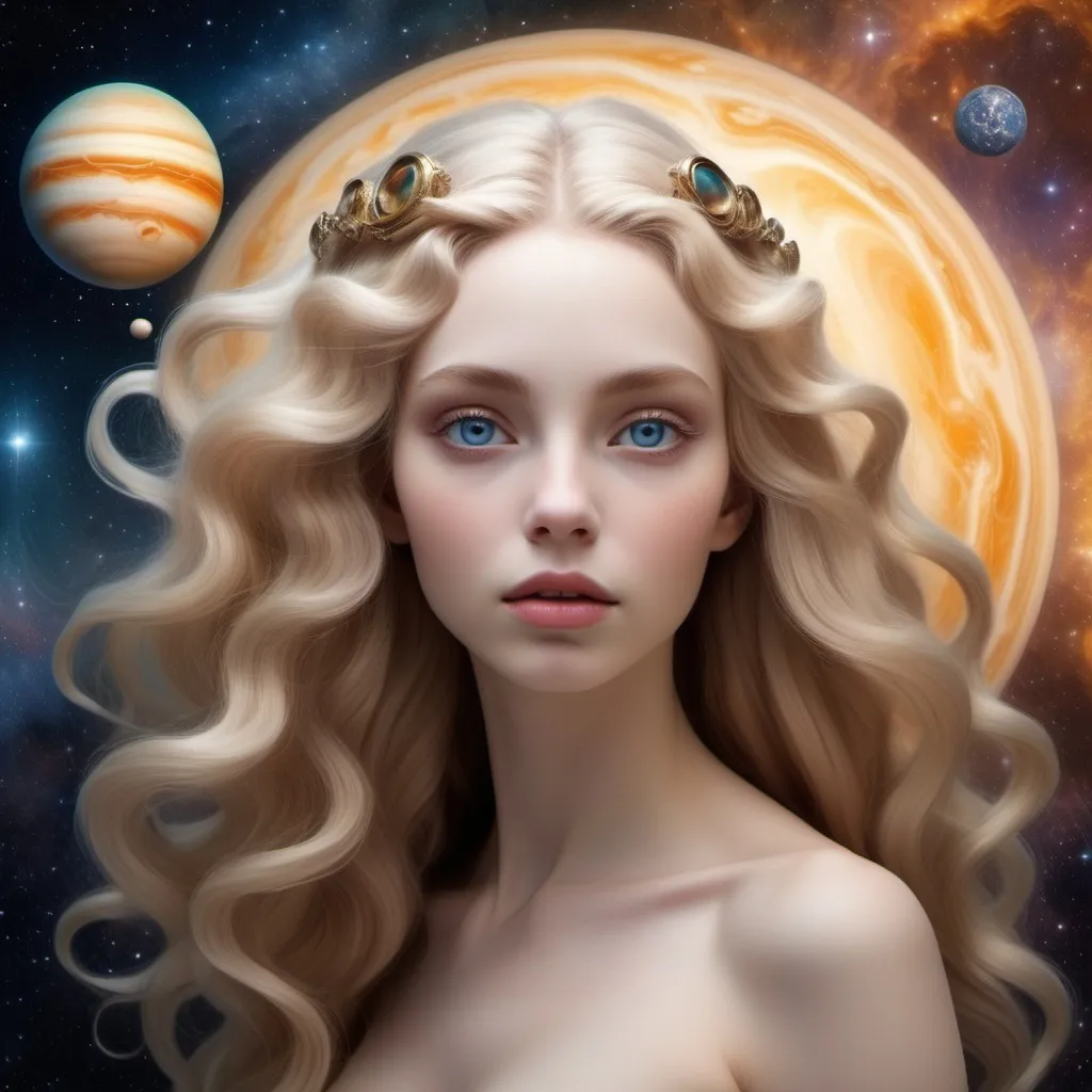 Prompt: If Venus Planet was a woman, a Goddess her hair is the same color as Venus Planet and she is beautiful and her eyes are beautiful and the background is space. mystical, beautiful