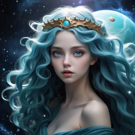 Prompt: If Neptune Planet was a woman, a Goddess her hair is the same color as Neptune Planet and she is beautiful and her eyes are beautiful and the background is space. mystical, beautiful