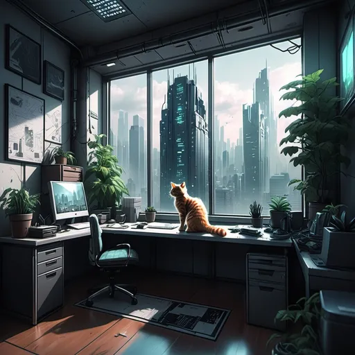 Prompt: cyberpunk vibes an office with a cat manga style and very detailed drawing the building is in a skyscraper on the window you can see outside nature takes over a dystopian future world. atmosphere inside is cozy and wam