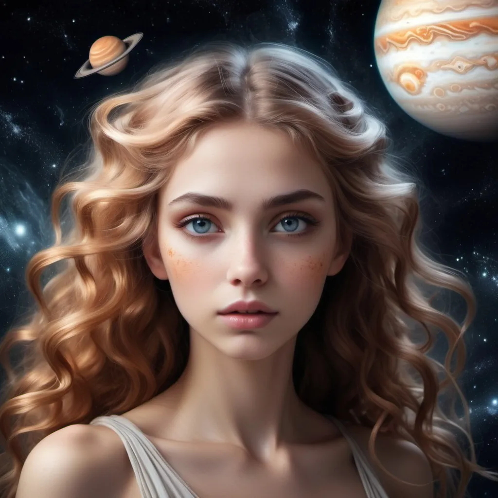 Prompt: If Jupiter Planet was a woman, a Goddess her hair is the same color as Jupiter Planet and she is beautiful and her eyes are beautiful and the background is space. mystical, beautiful