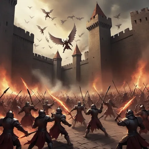 Prompt: First wave of demons attacking the Fortress of Ella. They let out fierce roars as they charge towards the walls, wielding weapons and hurling spells in an attempt to breach the defenses. The angels on the walls and in the air meet them with a barrage of their own spells and weapons, standing their ground and defending the fortress with all their strength.*