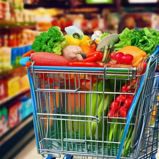 Prompt: shopping cart with fresh food products inside as poster


