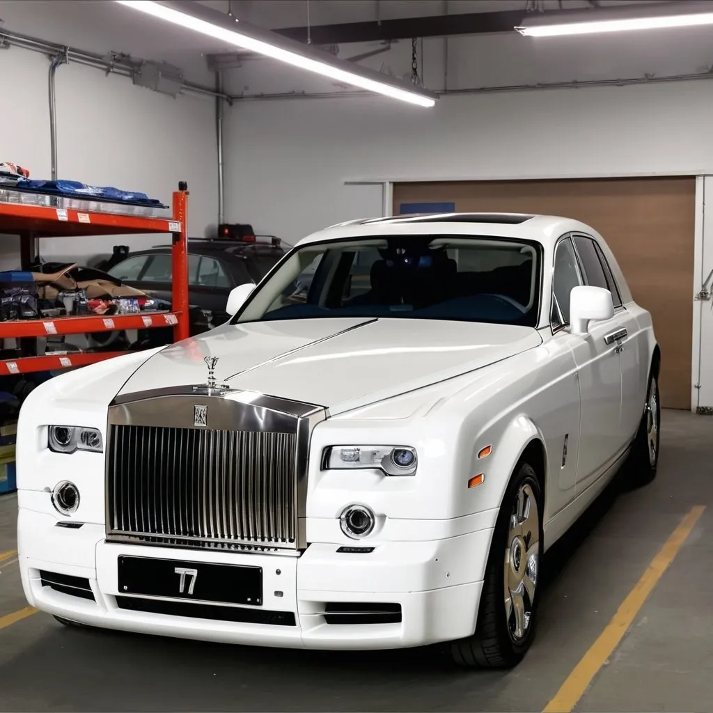 Prompt: Make a real Rolls Royce Phantom Series 7 color white with number plate 47A-743.77 parking in my garage
