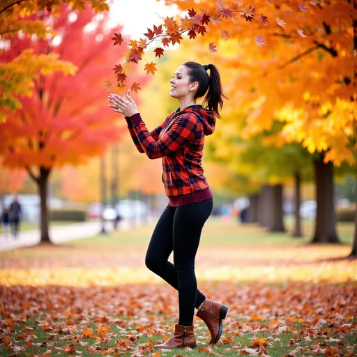 Prompt: @fETKWcp6dMtwX0duprts is throwing autumn leaves in the air. Autumn background. She is wearing brown ankle boots, black yoga pants and maroon and orange plaid hoodie. Dark brown hair in ponytail 
