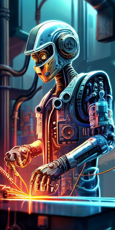 Prompt: Detailed digital illustration of a futuristic electrical technician, metallic and industrial elements, high-tech energy tools, vibrant and electrifying color palette, dynamic lighting, skilled craftsmanship, cybernetic enhancements, high-quality rendering, futuristic, metallic, industrial, vibrant colors, dynamic lighting, skilled technician, cybernetic enhancements, electrical tools, futuristic tech, energy equipment