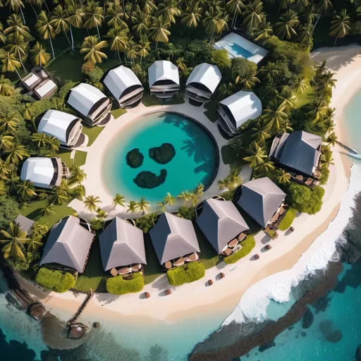 Prompt: A above view of a resort. In Samoa, The resort is circled around an infinity pool. Behind the resort is huts lined along the beach.