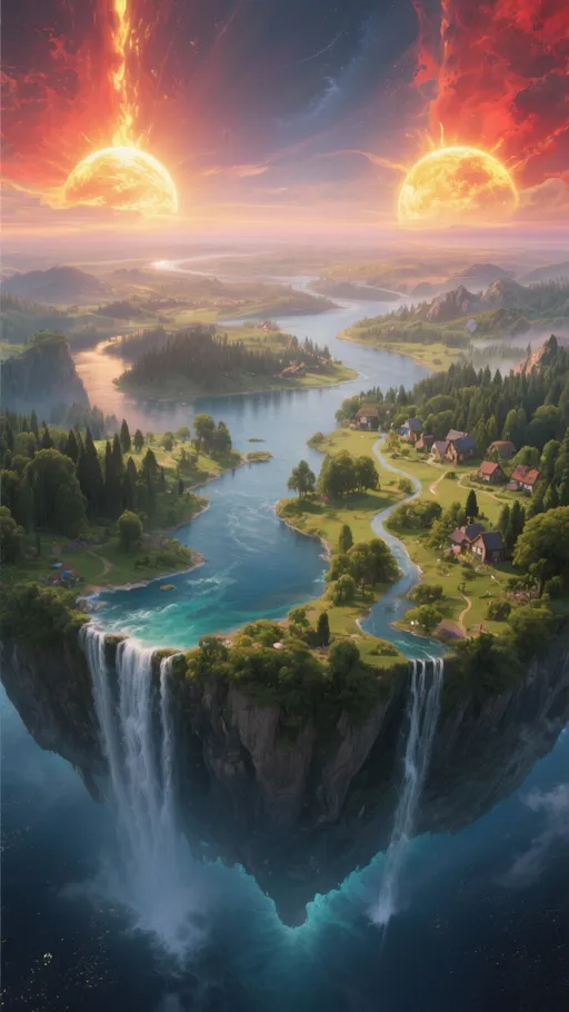Prompt: A breathtaking fantasy landscape of a flat world suspended in space. On each horizon burns a radiant sun, bathing opposite edges in golden and crimson light, while the center lies in gentle twilight. Oceans cascade off the world’s edges, forming magnificent waterfalls that spill into the void below. Across the land stretch lush forests, winding rivers, and charming villages, alive with the beauty and balance of an Earth-like realm—yet unmistakably otherworldly.
