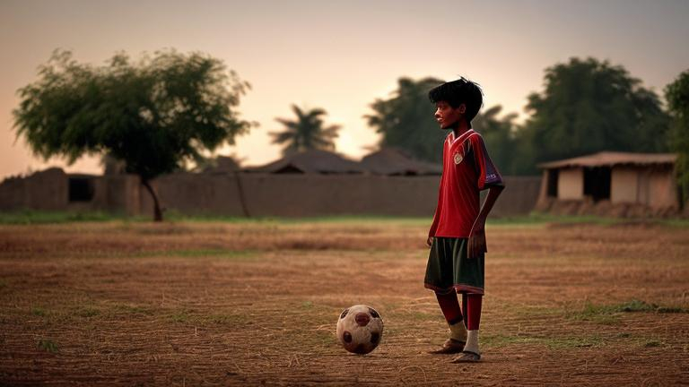 Prompt: an enthusiast-sweaty village boy is standing alone in the middle of a bole field in the village with his clothes worn out,  about to start playing soccer.