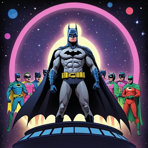 Prompt: batman singing opera in space with all the stars of neon shinning
