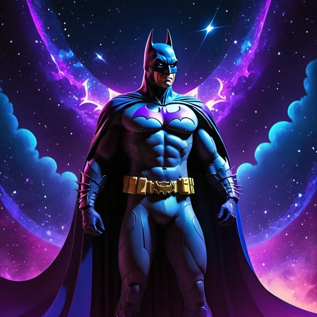 Prompt: batman singing opera in space with all the stars of neon shinning
