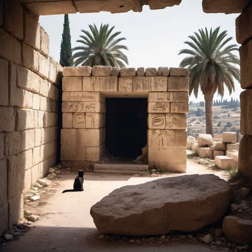 Prompt: A burial cave in the outskirts of Jerusalem. The frame is from the outside towards the interior. The façade is made of rock, with light decorative engraving. A cat is looking at the viewer. Some trash is piled outside. You can see an old graffiti. The interior is quite dark. But you understand that it's a dark chamber. In the background you see some modern stone residential building and some palm trees. A dark, secretive, hooded figure, stands in the corner of the frame. Make the scene a bit raw and with grain effect. Almost similar to dall e-2 graphics. Not too realistic. 