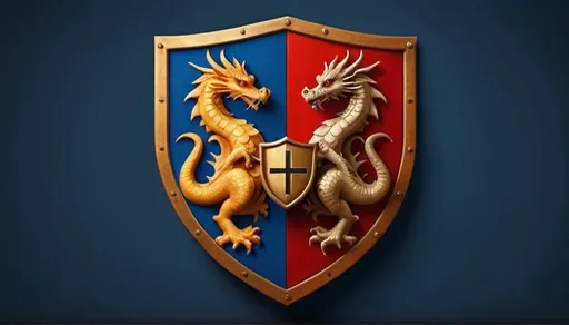 Prompt: Make a classic shield of a coat of arms, divide in two, the left on a blue earthy color and right on red earthy color. Put on each if the inside four areas the contour of two different european dragons. Incorporate on the inside a cross like a plus sign on golden color.