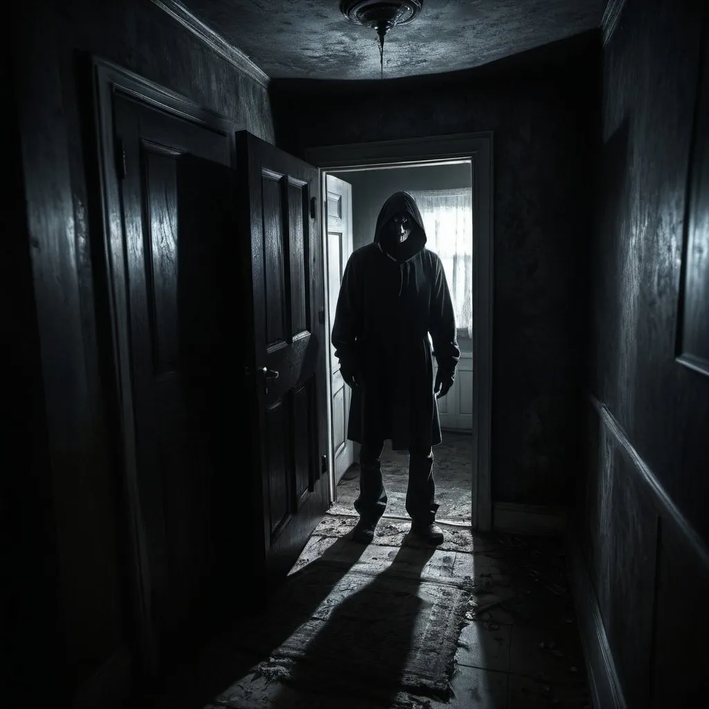 Prompt: Horror scene of a creepy house, strangers peeking around the corner, eerie atmosphere, dark and shadowy, ominous figure man, detailed haunted house, high quality, ultra-detailed, horror, creepy, mysterious, eerie atmosphere, shadowy, strangers, detailed house, spooky, unsettling, atmospheric lighting