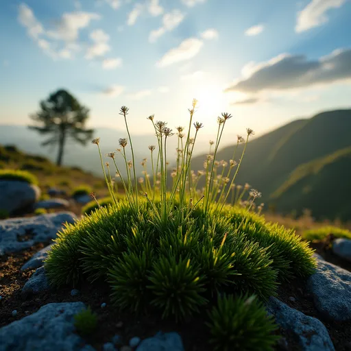 Prompt: Bathed in the warm glow of a low-hanging sun, a vibrant patch of moss stands proudly on a rocky outcrop, its delicate green tendrils reaching skyward as if savoring the light. The scene is set against a backdrop of rolling hills, softened by a hazy atmosphere that hints at a peaceful afternoon. Wispy clouds drift lazily across the blue sky, enhancing the serene and tranquil mood of the moment. The ground is richly textured, with the moss appearing almost luminous in contrast to the rough stone beneath, while a lone tree silhouettes gently in the background, adding depth to the composition. This harmonious blend of natural elements evokes a sense of calm and connection to the verdant earth.