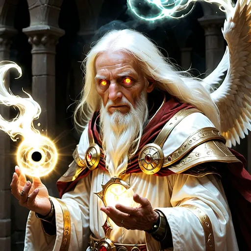 Prompt: Old aasimar mage with white glowing eyes