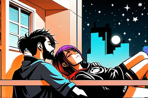 Prompt: Gamer guy with beard laying on balcony with emo girl on his chest while they look at the night sky.