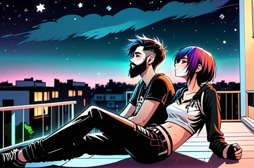 Prompt: Gamer guy with beard laying on balcony with emo girl on his chest while they look at the night sky.