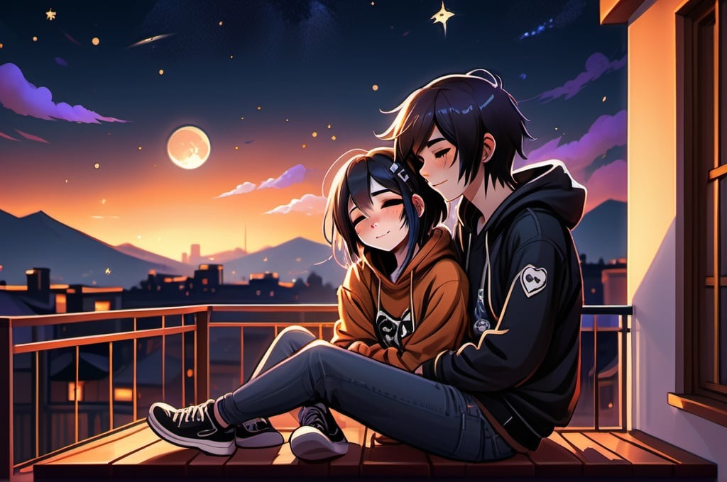 Prompt: Emo girl resting on gamer guy's chest on a balcony, night sky, warm-toned digital painting, detailed facial expressions, cozy atmosphere, relaxed and peaceful, high quality, digital painting, warm tones, cozy lighting, starry night sky, detailed characters, emotional, peaceful vibe, gaming, tranquil, romantic