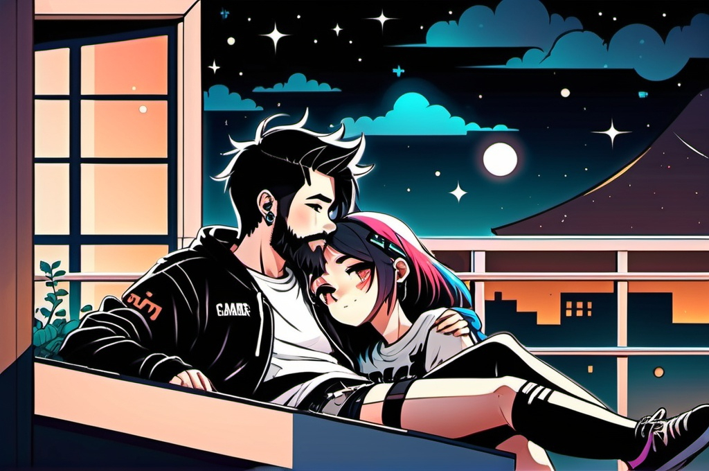 Prompt: Gamer guy with beard laying on balcony with emo girl on his chest while they look at the night sky.