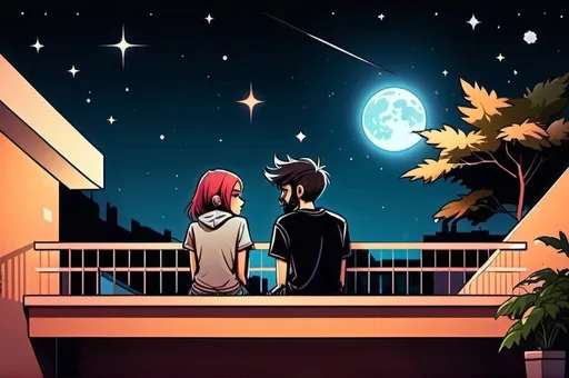 Prompt: Gamer guy with beard laying on balcony with emo girl on his chest while they look at the night sky.