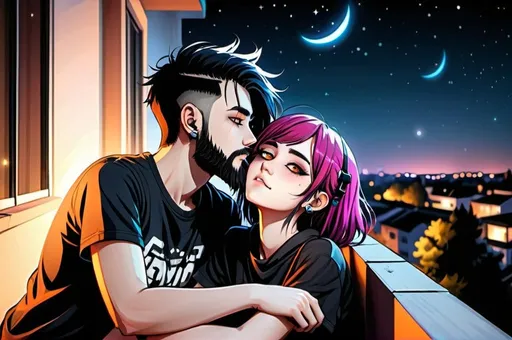 Prompt: Gamer guy with beard laying on balcony with emo girl on his chest while they look at the night sky.