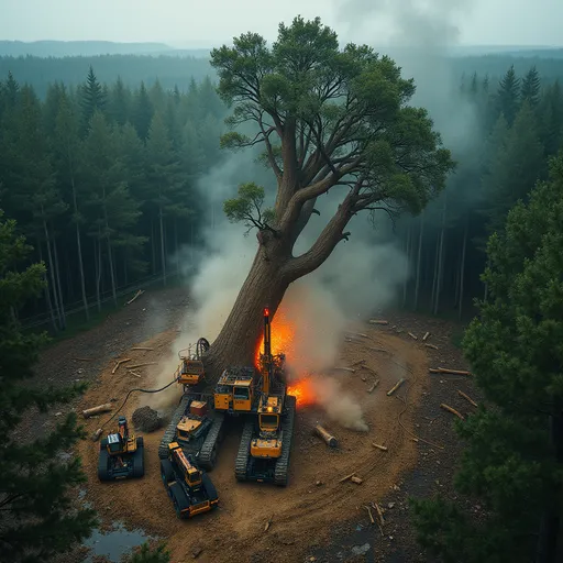 Prompt: A dramatic drone view of a massive industrial logging machine cutting through the base of a giant tree in a dense forest. The tree is captured mid-fall — tilting and crashing toward the forest floor, with splinters and leaves flying in all directions. The logging machine's robotic arms and spinning saw blade are visible at the stump, still glowing with warning lights and surrounded by flying debris. Dust and wood chips rise from the impact zone. Other felled logs and broken branches are scattered across the clearing. The sky above is overcast, and the scene shows the raw clash between nature and heavy machinery — full of motion, tension, and scale.

Style Tags (optional to include):
Drone perspective

Cinematic forest clearing

High detail, dynamic motion blur

Realistic lighting

Mid-fall action scene

