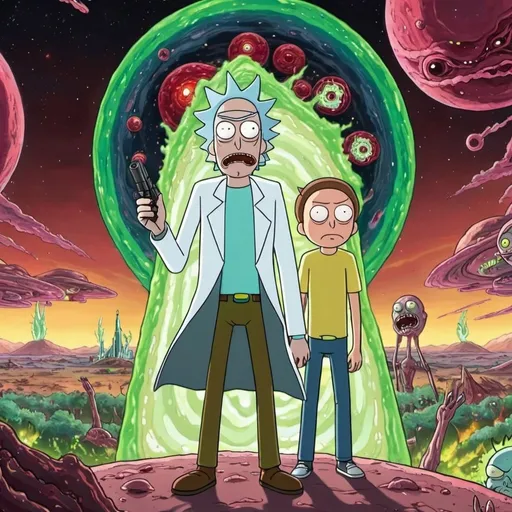 Prompt: Rick and morty am kiffen mit roten auge ohne anderem im universum