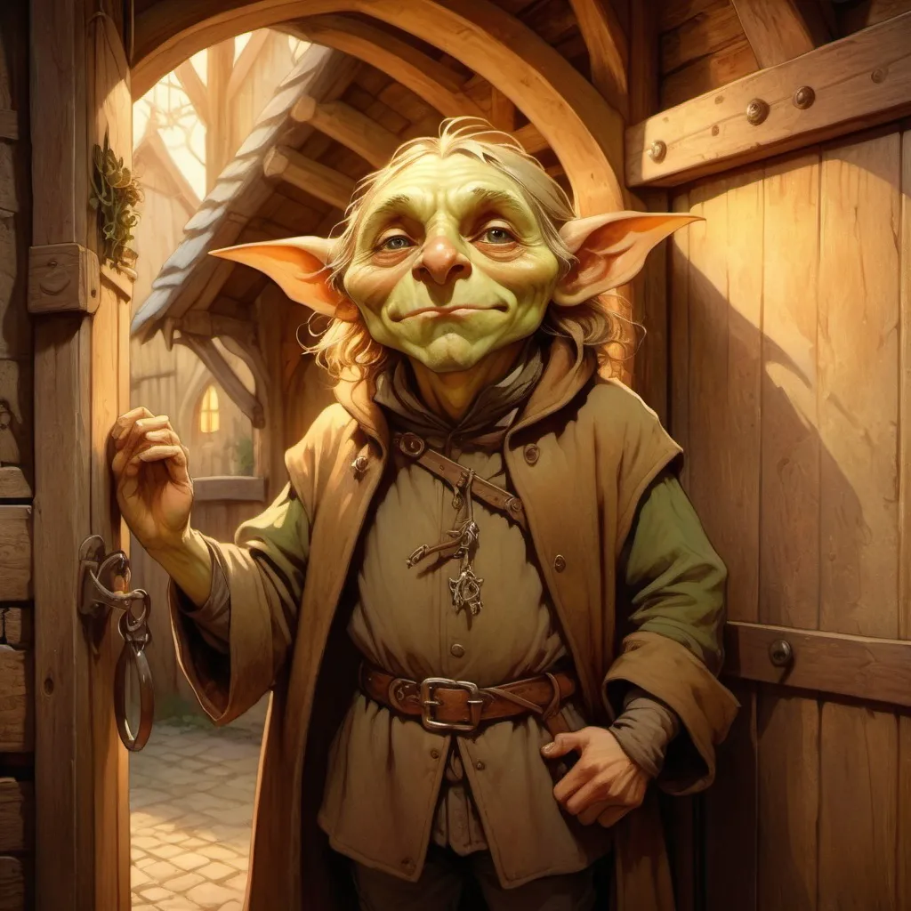 Prompt: A goblin stablehand in a long coat stands at the door of a medieval stable, high rafters, hayloft, stalls and tack, high quality, detailed, fantasy style, warm tones, soft lighting, elegant, enchanting, magical atmosphere