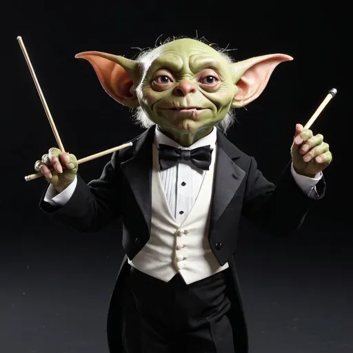 Prompt: goblin maestro, with baton, wearing a tuxedo and conducting music
