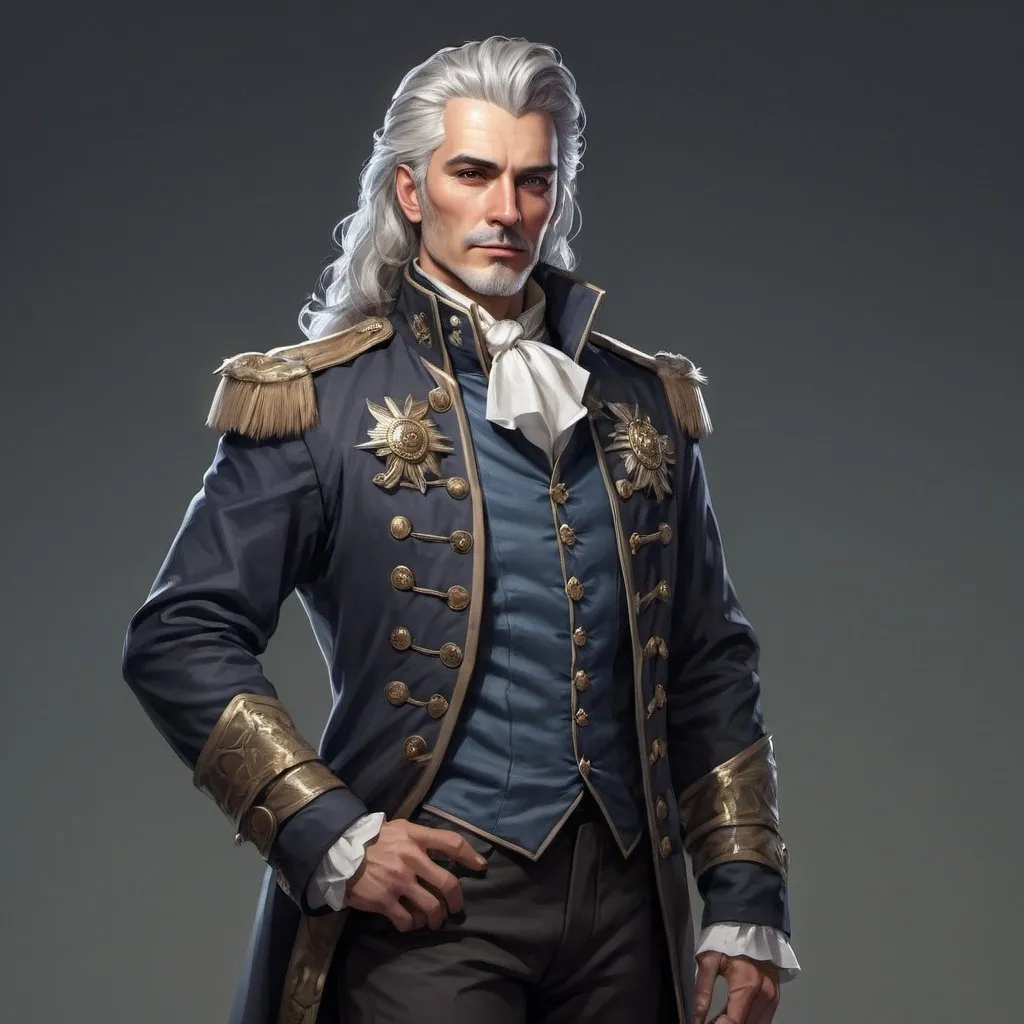 Prompt: a male noble, full body portrait. incredibly rich but haughty and proud. Military-style jacket with epaulets,  thick graying hair, fantasy rpg