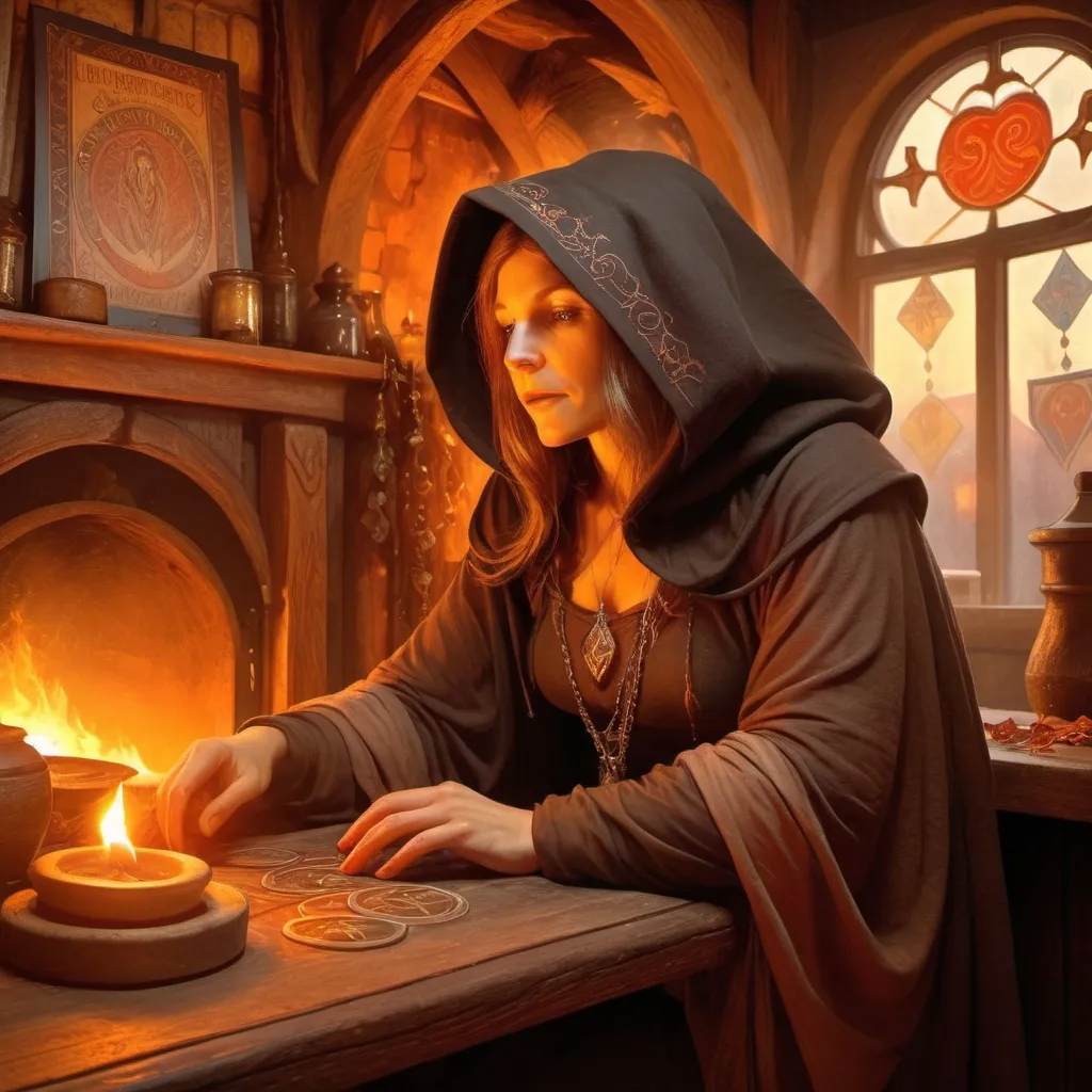 Prompt: A cloaked and hooded old fortune teller in a medieval tavern, casting runes, next to a blazing hearth, high quality, detailed, fantasy style, warm tones, deep shadows, elegant, enchanting, magical atmosphere