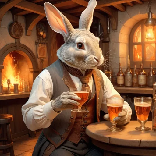 Prompt: A gray rabbit in a waistcoat pours drinks in a medieval tavern, blazing fire, drinks and cheer, high quality, detailed, fantasy style, warm tones, soft lighting, elegant, enchanting, magical atmosphere