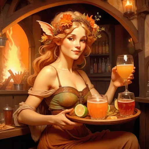 Prompt: A wood nymph carrying a tray of drinks in a medieval tavern, blazing fire, drinks and cheer, high quality, detailed, fantasy style, warm tones, soft lighting, elegant, enchanting, magical atmosphere