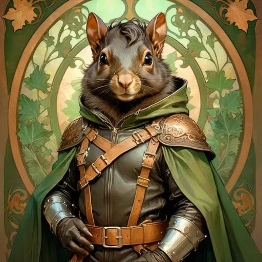 Prompt: Fey black squirrel, male, standing upright, leather armor with multiple straps and buckles, green cloak with hood, high quality, detailed, fantasy style, warm tones, soft lighting, elegant, enchanting, magical atmosphere