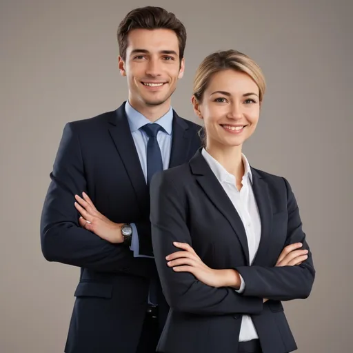 Prompt: a woman and a man in bankers' suits stand in full height, frontal to us, posing with their hands folded on their chests. smiling easily