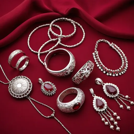 Prompt: Silver Jewelry on a fine crimson cloth