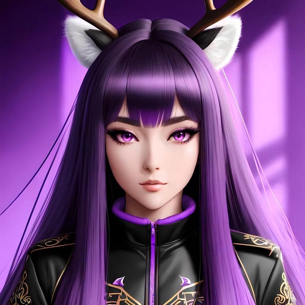 Prompt: Portrait painting of a beautiful woman, anime,  (long layered hyperdetailed purple hair), ((hyperdetailed realistic anime purple eyes)), (((hyperdetailed fuzzy black jacket))), ((((realistic detailed deer antlers on head)))), (((((black detailed knee high socks))))), perfect body, perfect anatomy, beauty, masterpiece, hyperdetailed full body, hyperdetailed feminine attractive face and nose, alluring smile, complete body view, ((((((hyperdetailed muscle))))))(((((((hyperdetailed eyes))))))), perfect body, perfect anatomy, beauty, sensual feminine romance, professional, sensual feminine, ultra-realistic, 3d lighting, perfect composition, unreal engine 8k octane, 3d lighting, UHD, HDR, 8K, render, HD