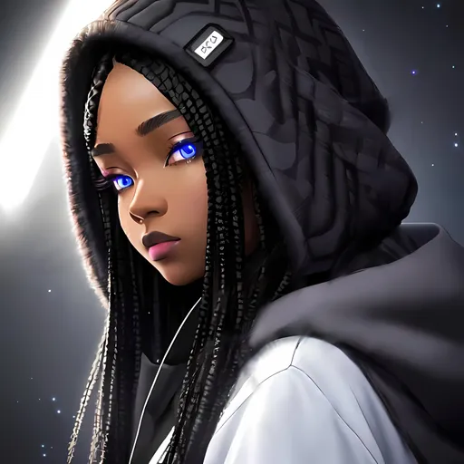 Prompt: genshin impact art style, (beautiful face) anime, matte skin, posing in air, floating in air, suspended in air, gun in hand, dark-skinned anime girl,(hyperdetailed black box braids), ((hyperdetailed realistic black fuzzy hoodie with oversized hood)), (((hyperdetailed glowing galaxy realistic eyes))), iPhone 14 pro max, matte, hdr, 4k, 8k, UHD, digital art, computer art,