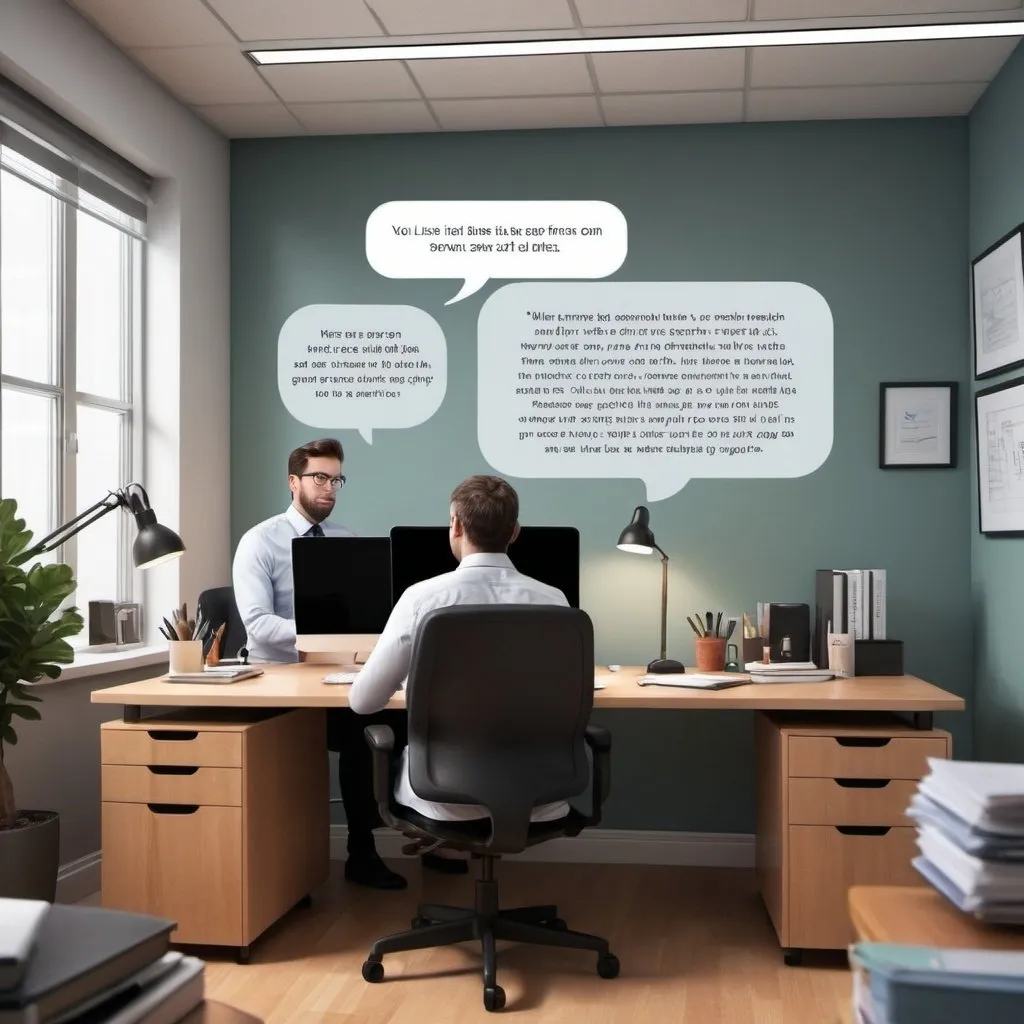 Prompt: Create a busy office background with Max at his desk and Zoe approaching him. Add a text bubble for Zoe.