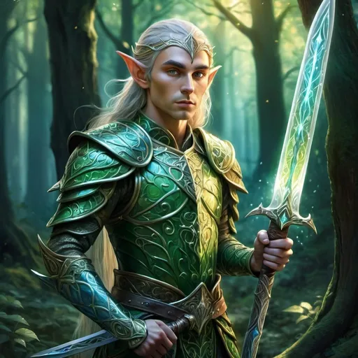 Prompt: Fantasy illustration of a majestic elf warrior, vibrant colors, mythical forest setting, intricate elven armor with ethereal patterns, intense and wise expression, enchanted elven sword, mystical glow, high-res, detailed fantasy art, vibrant colors, ethereal, fantasy, mythical, detailed armor, majestic, wise expression, forest setting, enchanted sword, professional, atmospheric lighting