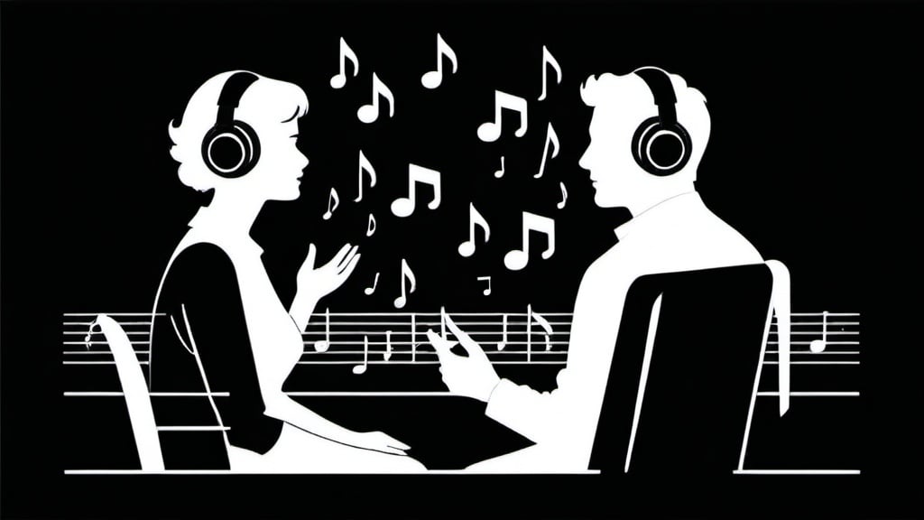 Prompt: minimal illustration, old 1950s italian graphic style, a parks and recreation art about white silhouettes of two people listening to music notes. black background, flat
