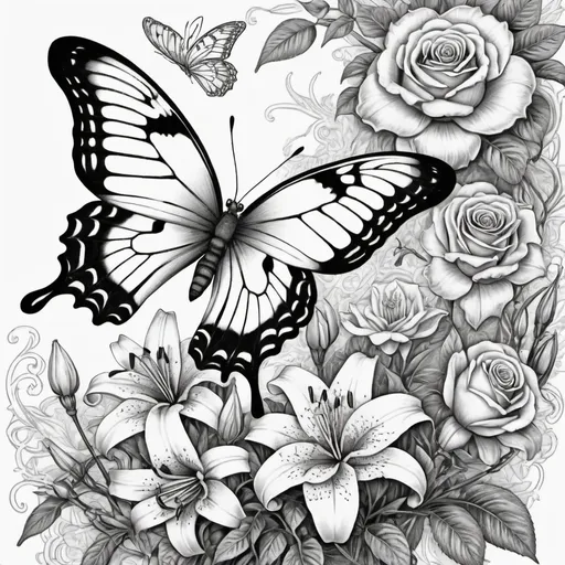 Prompt: (sketch of a butterfly and tiger lilies with roses and thorns twined down a dagger), black and white, detailed line work, intricate patterns, floral motifs, delicate shading, elegant composition, artistic design, romantic and mysterious atmosphere, vintage-style illustration, high resolution, ultra-detailed, professional art quality